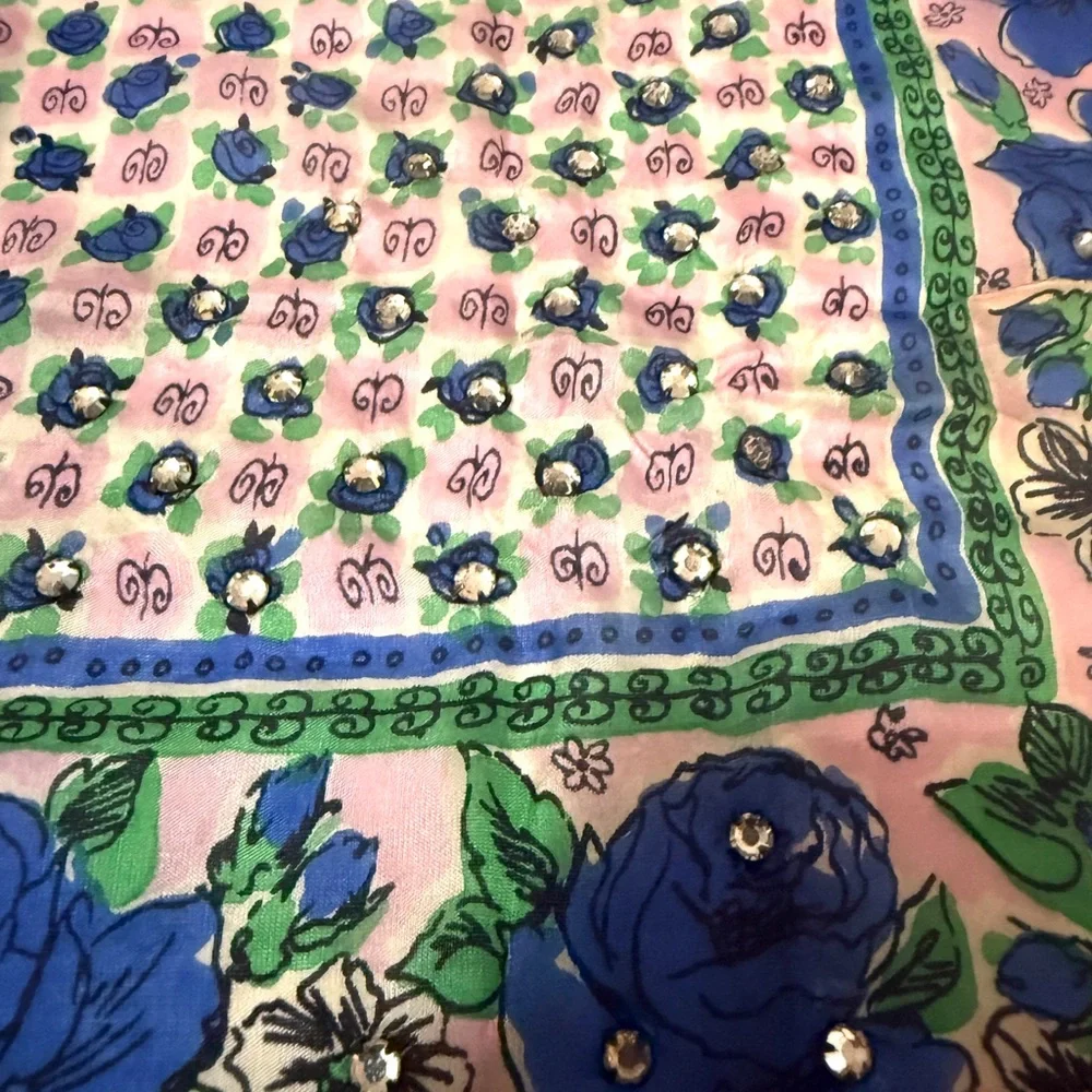 Vintage 1940’s/1950’s Hand Rolled Silk Floral Blue and Green Scarf w/Rhinestones